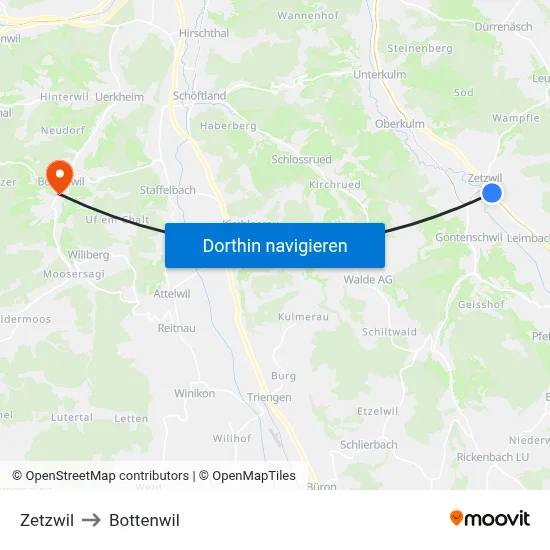 Zetzwil to Bottenwil map
