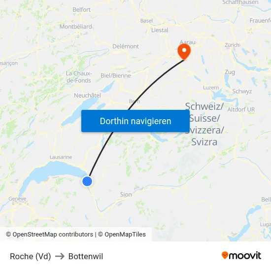 Roche (Vd) to Bottenwil map