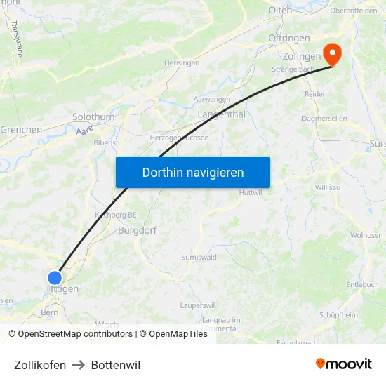 Zollikofen to Bottenwil map