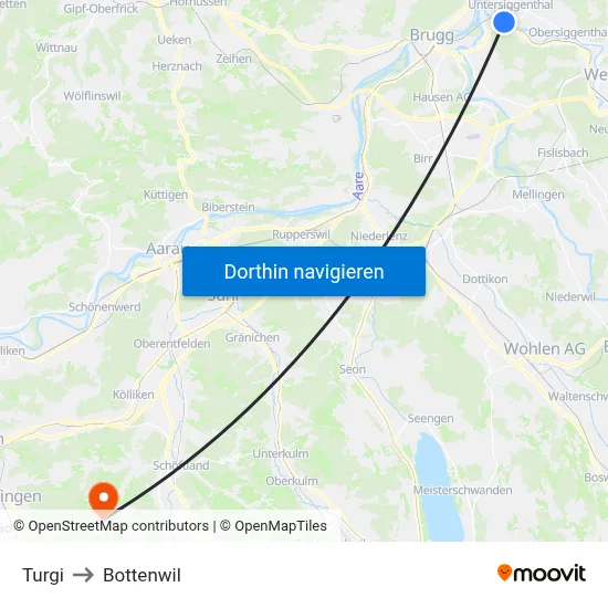 Turgi to Bottenwil map