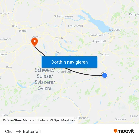 Chur to Bottenwil map
