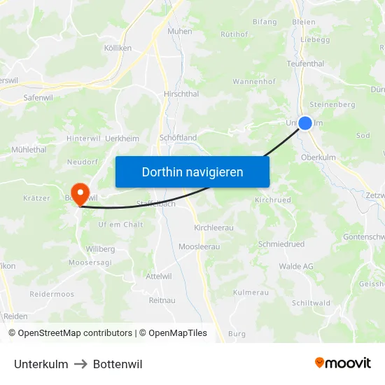 Unterkulm to Bottenwil map