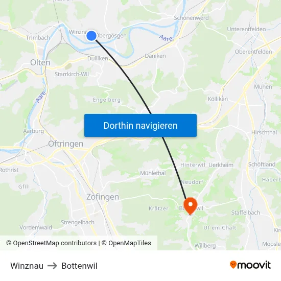 Winznau to Bottenwil map