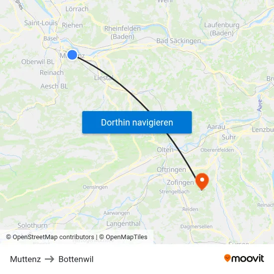 Muttenz to Bottenwil map