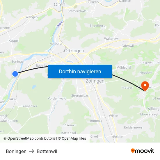 Boningen to Bottenwil map
