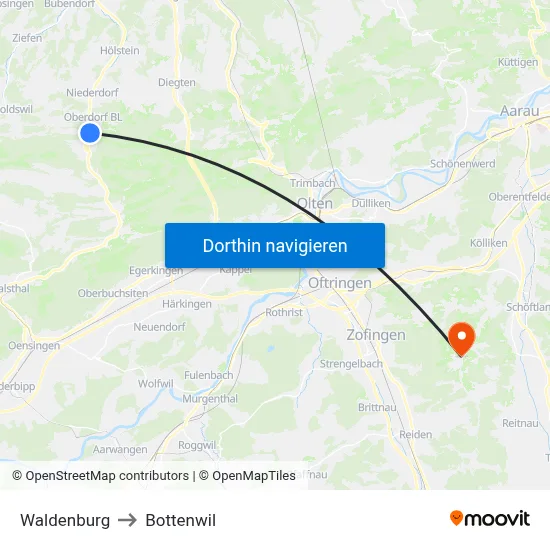 Waldenburg to Bottenwil map