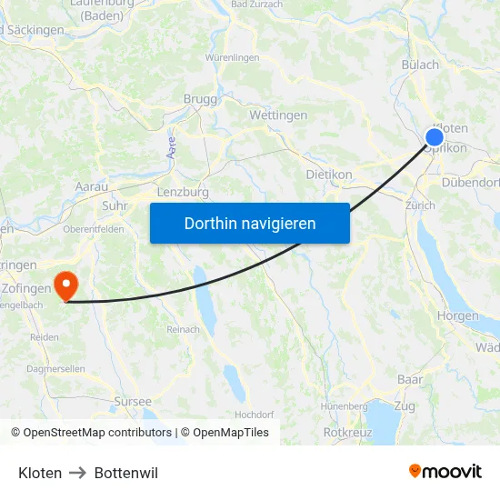 Kloten to Bottenwil map