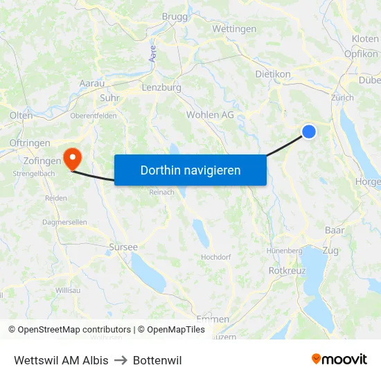 Wettswil AM Albis to Bottenwil map