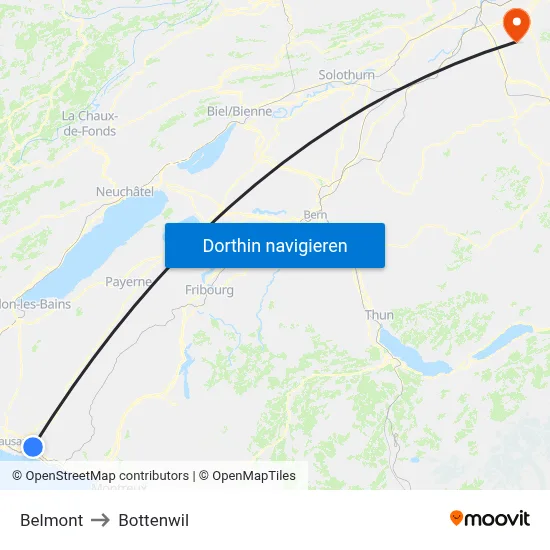 Belmont to Bottenwil map