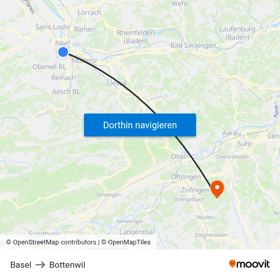 Basel to Bottenwil map
