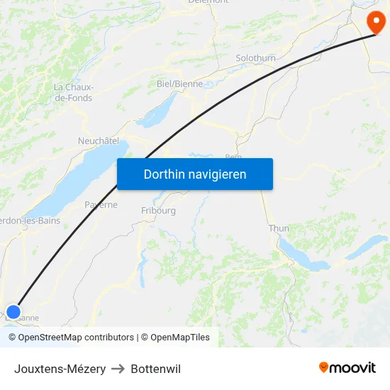 Jouxtens-Mézery to Bottenwil map