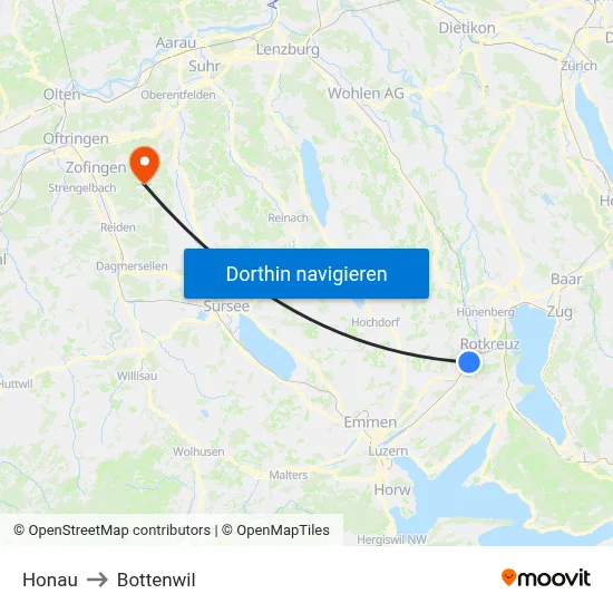 Honau to Bottenwil map