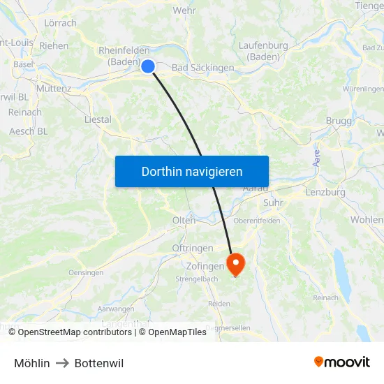 Möhlin to Bottenwil map