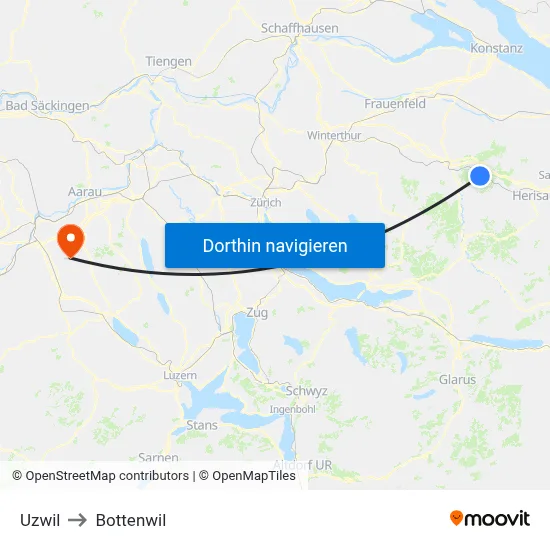 Uzwil to Bottenwil map