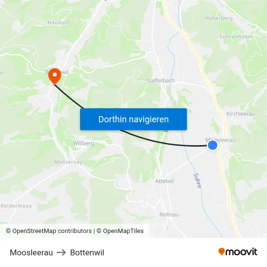 Moosleerau to Bottenwil map