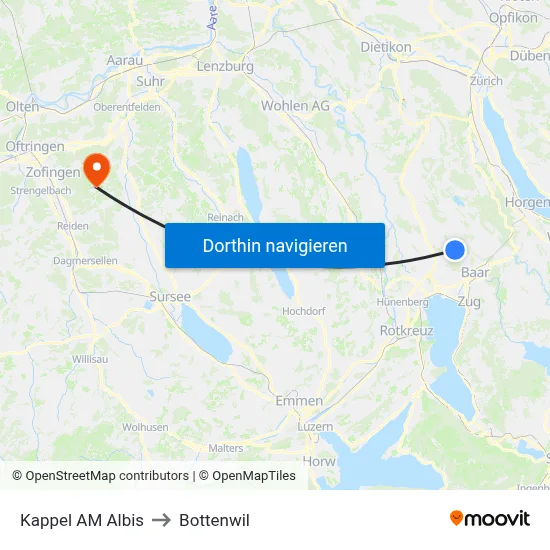 Kappel AM Albis to Bottenwil map