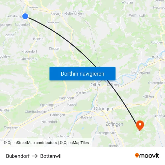 Bubendorf to Bottenwil map