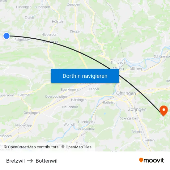 Bretzwil to Bottenwil map