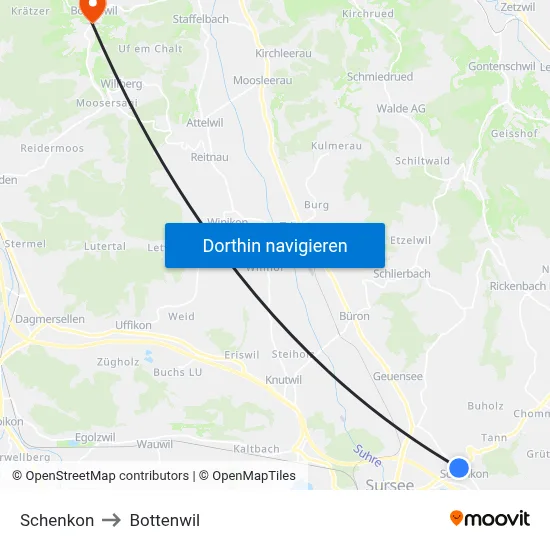 Schenkon to Bottenwil map