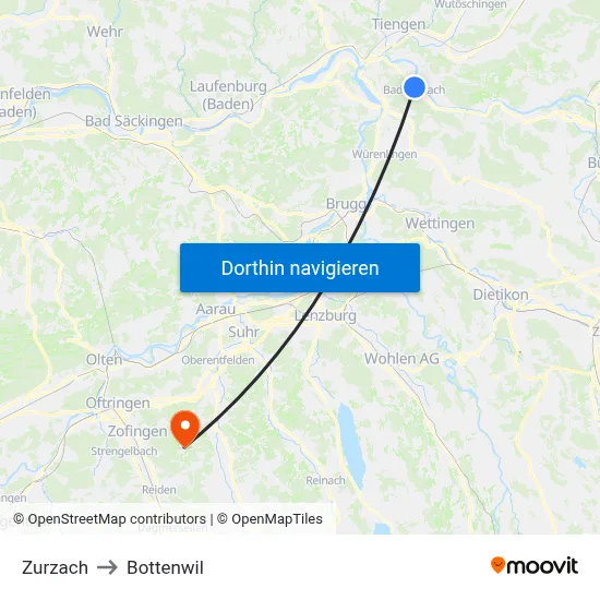 Zurzach to Bottenwil map