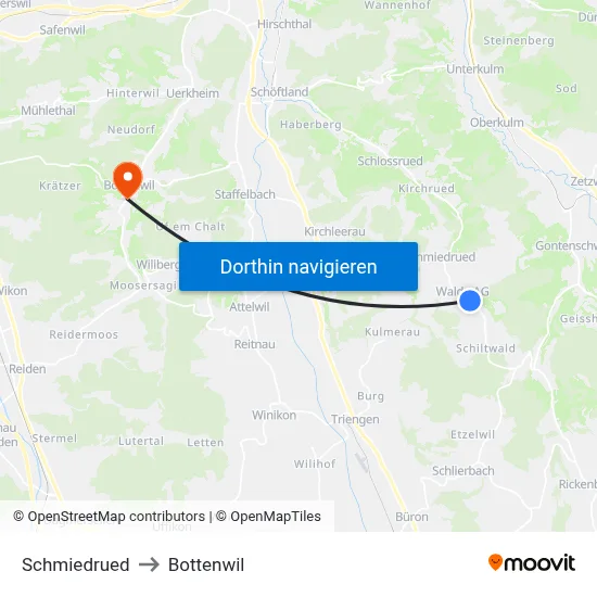 Schmiedrued to Bottenwil map