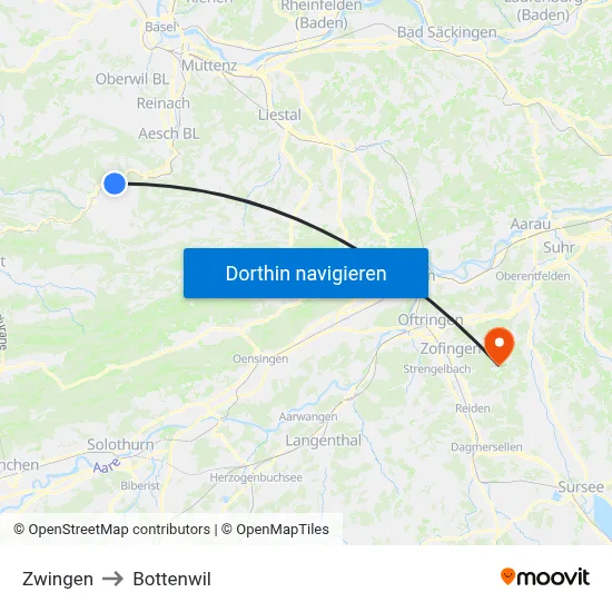 Zwingen to Bottenwil map
