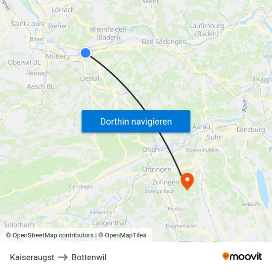 Kaiseraugst to Bottenwil map