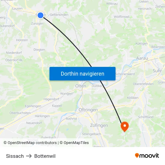 Sissach to Bottenwil map