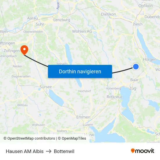 Hausen AM Albis to Bottenwil map