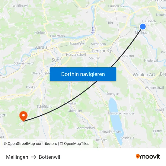 Mellingen to Bottenwil map