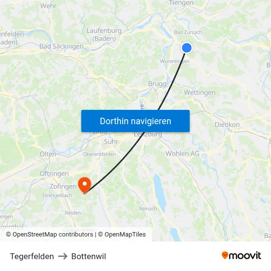Tegerfelden to Bottenwil map