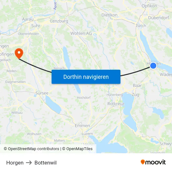 Horgen to Bottenwil map