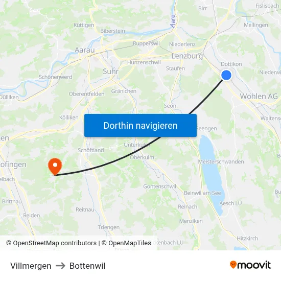 Villmergen to Bottenwil map