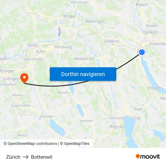 Zürich to Bottenwil map