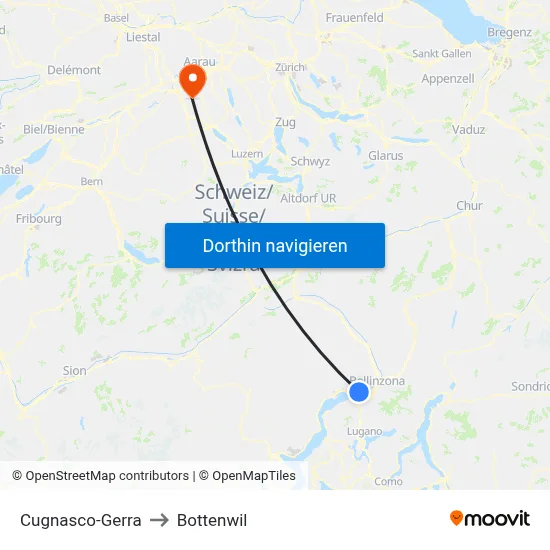 Cugnasco-Gerra to Bottenwil map