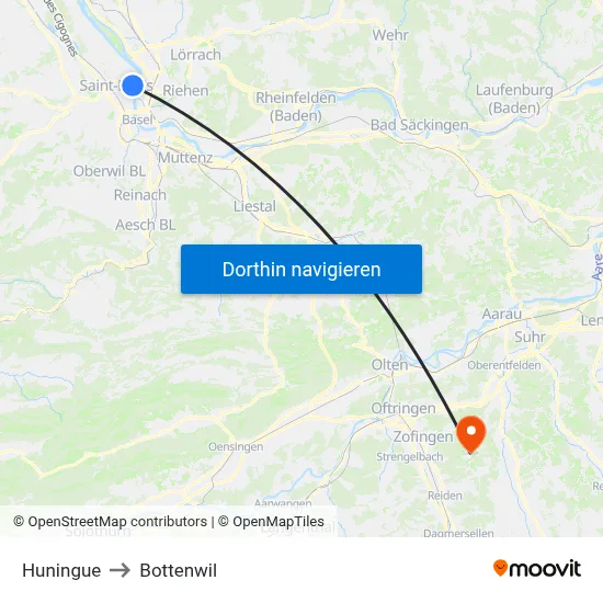 Huningue to Bottenwil map