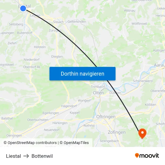 Liestal to Bottenwil map