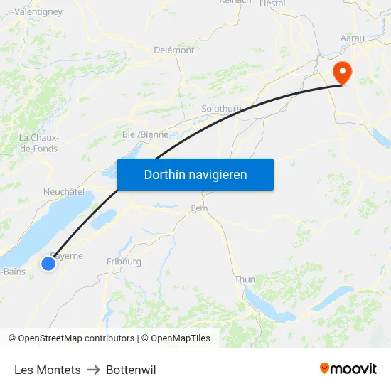 Les Montets to Bottenwil map