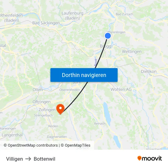 Villigen to Bottenwil map