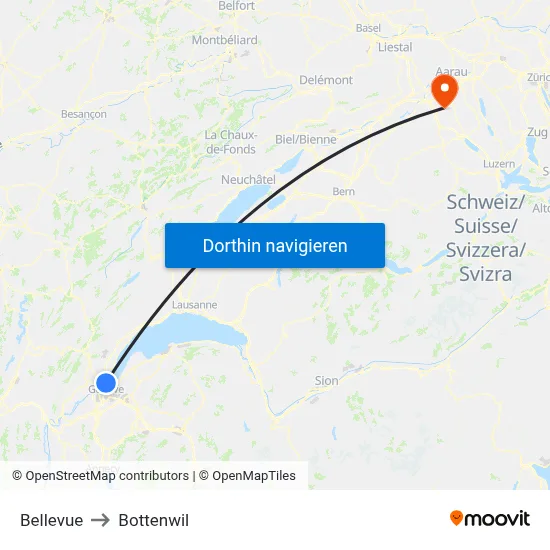 Bellevue to Bottenwil map
