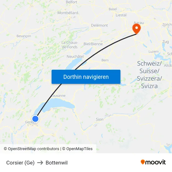 Corsier (Ge) to Bottenwil map
