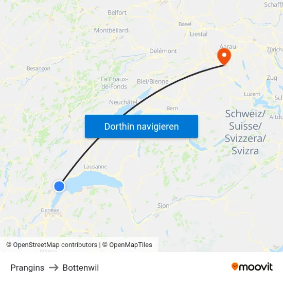 Prangins to Bottenwil map