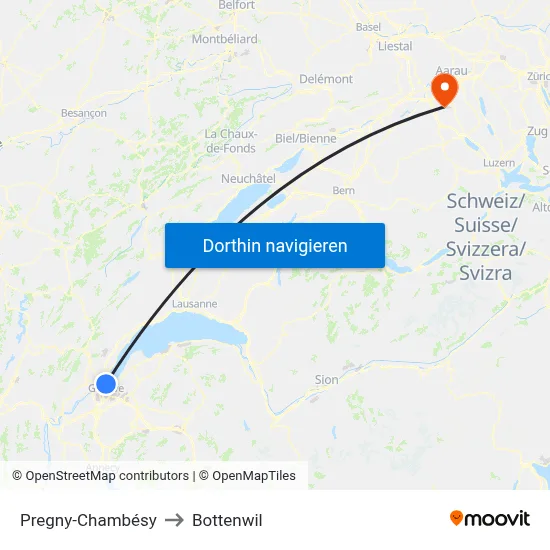 Pregny-Chambésy to Bottenwil map