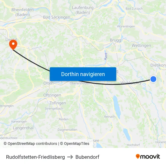 Rudolfstetten-Friedlisberg to Bubendorf map
