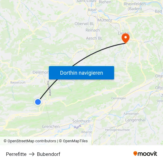 Perrefitte to Bubendorf map