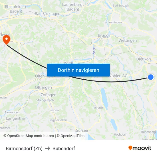 Birmensdorf (Zh) to Bubendorf map