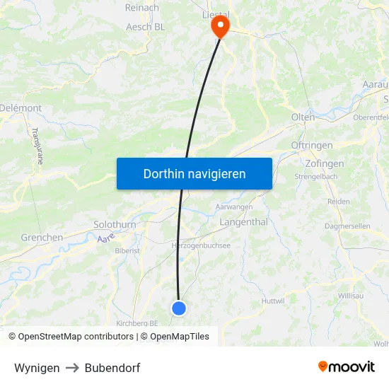 Wynigen to Bubendorf map