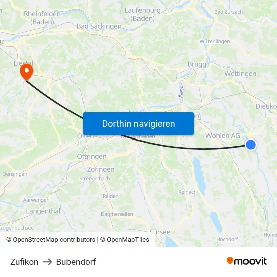 Zufikon to Bubendorf map