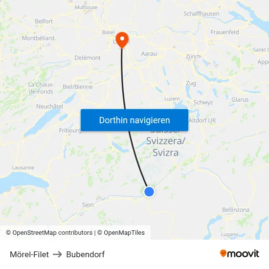 Mörel-Filet to Bubendorf map