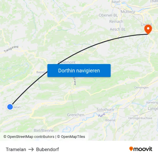 Tramelan to Bubendorf map